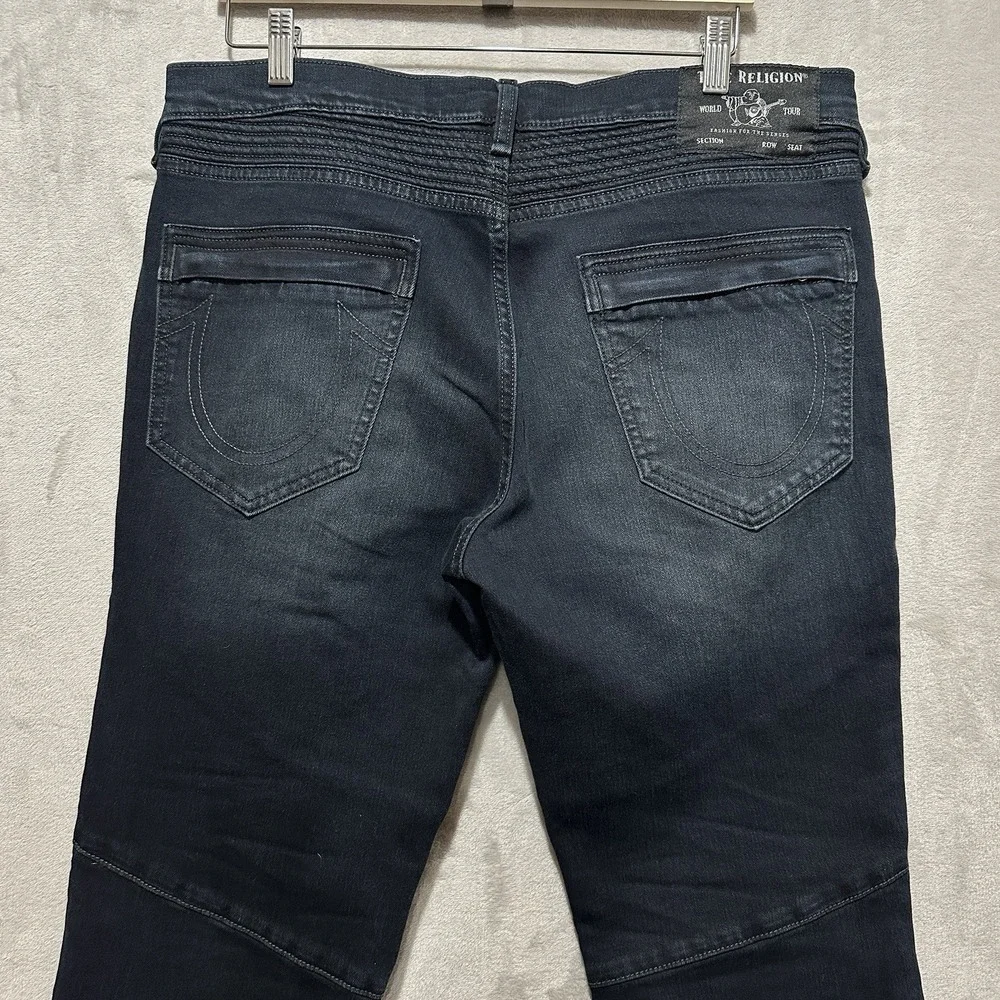 True Religion Rocco Men's Sz 34 Relaxed Skinny Moto Jean Dark Wash Ribbed Panels